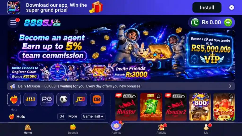 888GJ Game app homepage showing casino games slots Aviator VIP rewards and download options