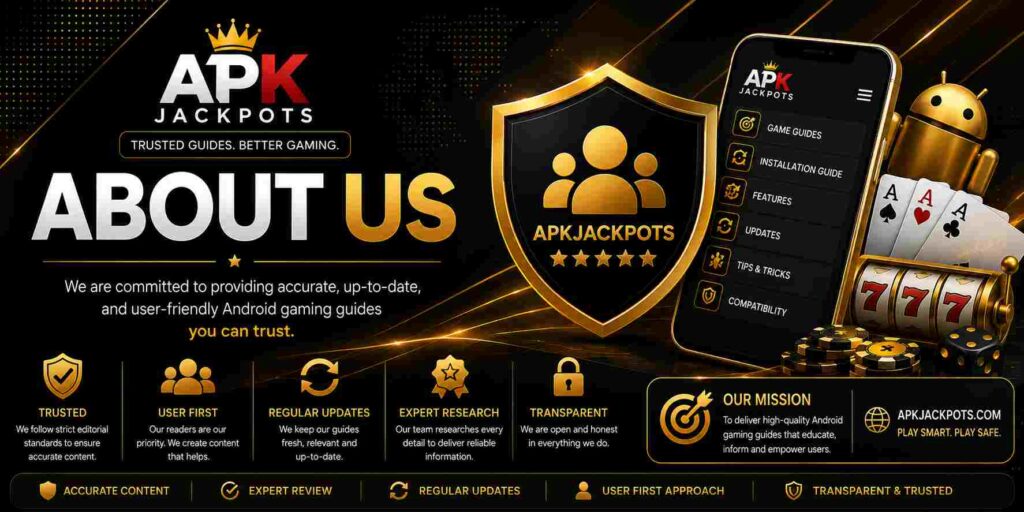 About Us Banner image for APKJackpots showing our mission and trusted Android gaming guides