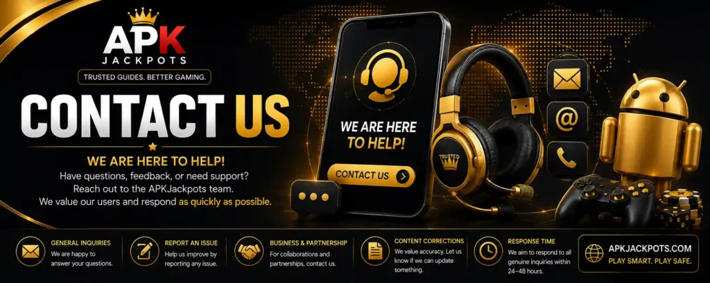 Contact Us banner image for APKJackpots with customer support and Android gaming assistance