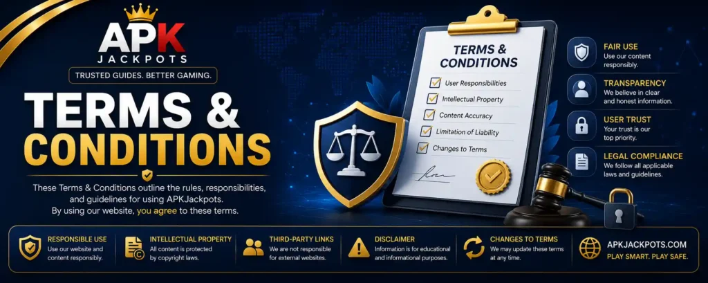 Terms and Conditions banner image for APKJackpots highlighting website rules, transparency, and user responsibilities