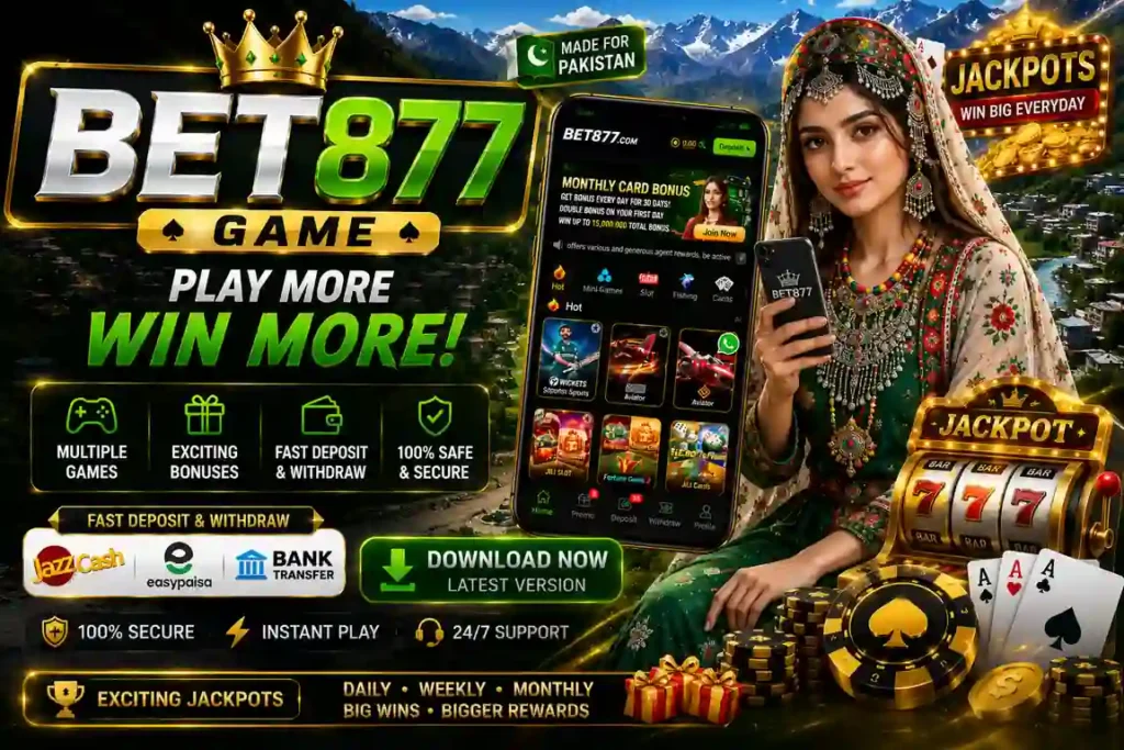 Bet877 Game interface showing dashboard promotions deposit withdraw sports and slot games