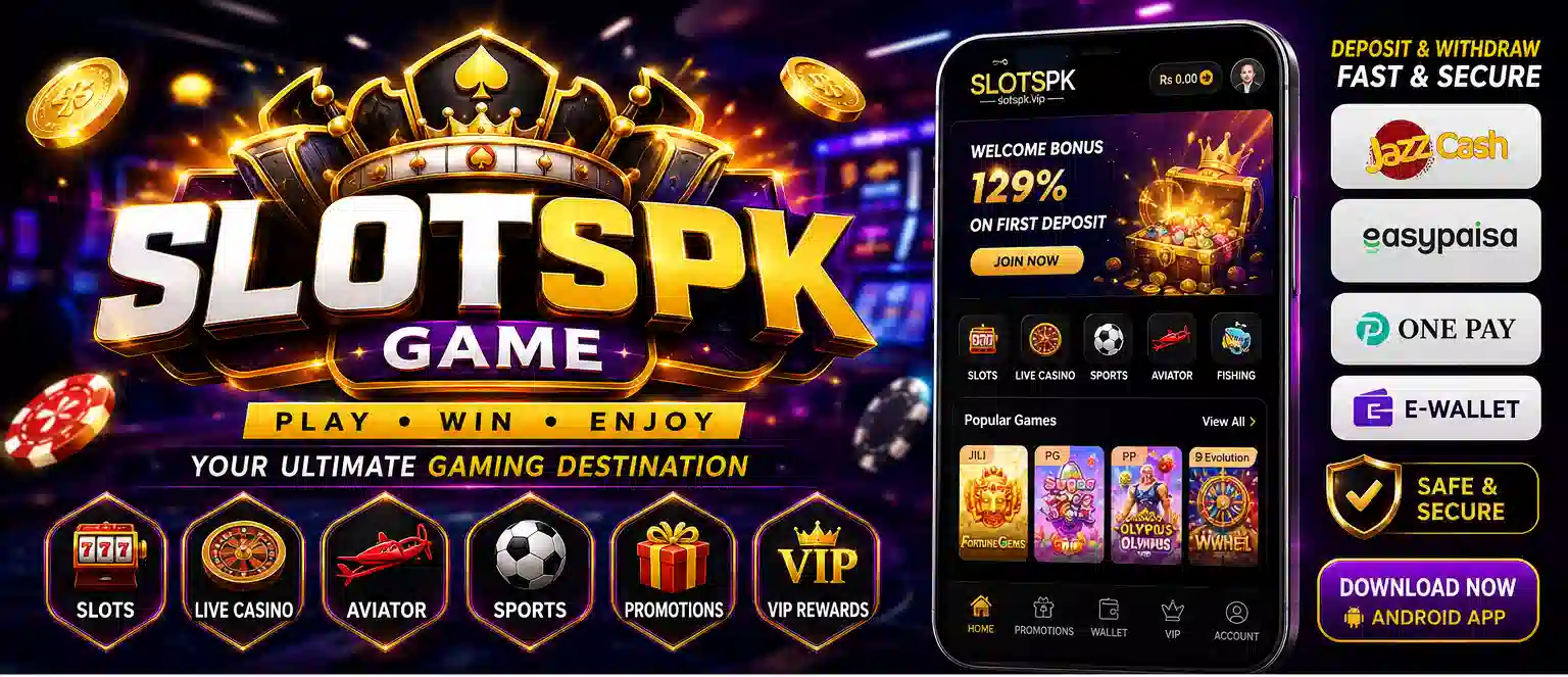 Slotspk Game banner featuring slot games, promotions, and Android gaming platform