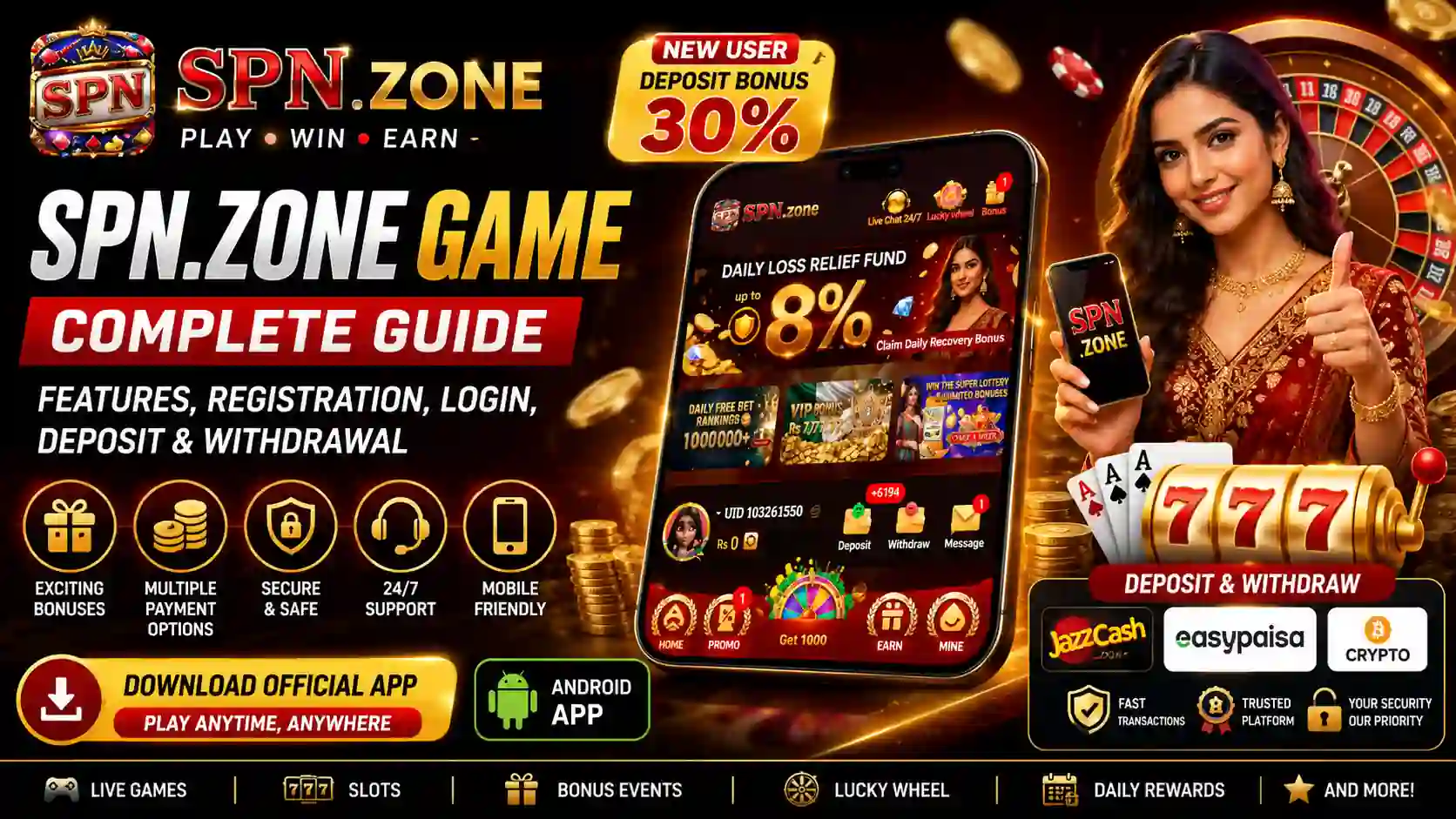 SPN.Zone Game banner featuring Android gaming platform and promotional offers