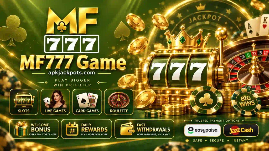 MF777 Game banner with slots roulette JazzCash Easypaisa and gaming rewards