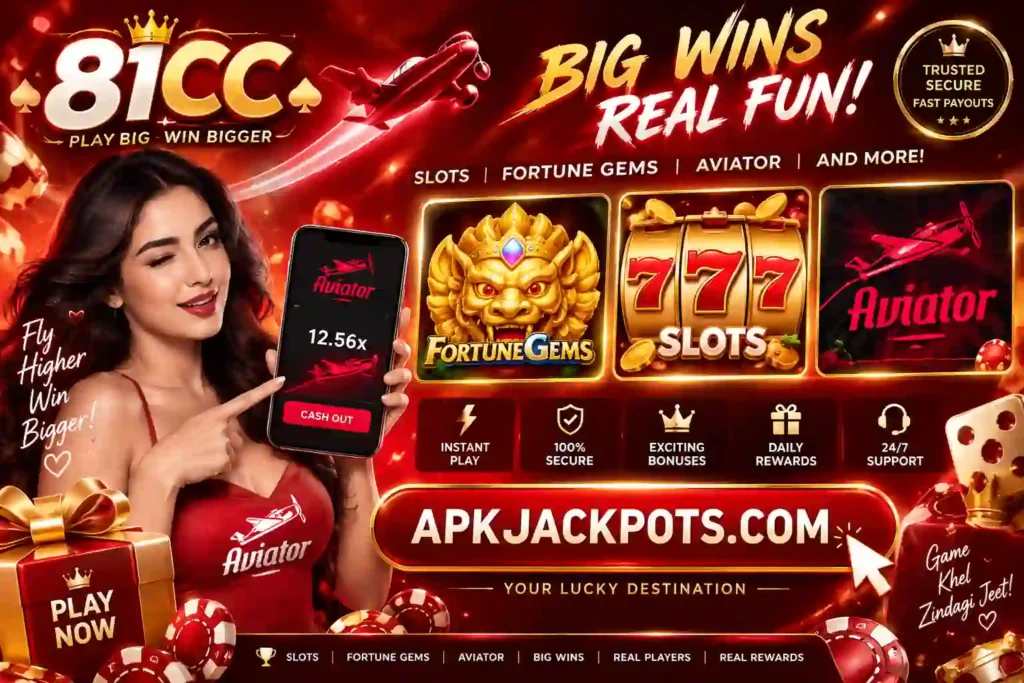 81CC Game banner with Aviator Fortune Gems Slots and APKJackpots