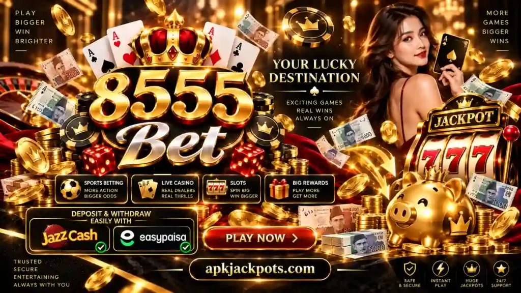 8555 Bet promotional banner with slots, live casino, JazzCash, Easypaisa, piggy bank and cash rewards