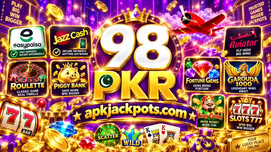 98PKR Game APK banner featuring Aviator, roulette, Fortune Gems, Garuda, 777 slots, JazzCash and Easypaisa