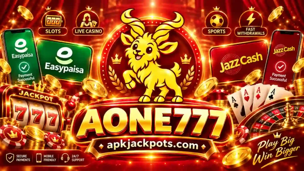 AONE 777 Game banner with Easypaisa JazzCash slots and casino games