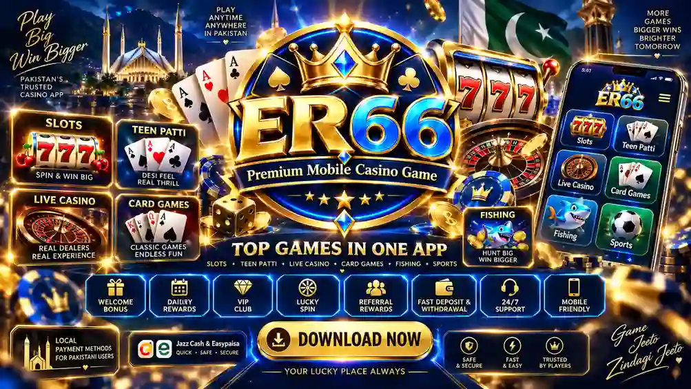 ER66 Game promotional banner with slots, Teen Patti and mobile gaming features