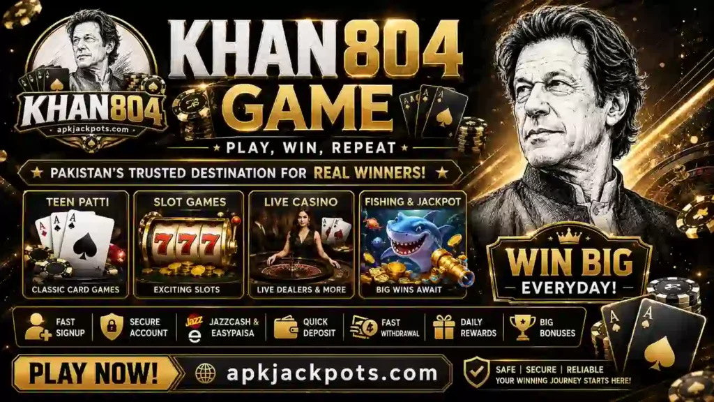 KHAN804 Game promotional banner with Teen Patti slots live casino and wallet features