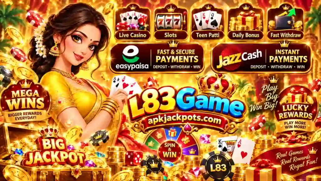 L83 Game APK banner with JazzCash Easypaisa slots Teen Patti and rewards