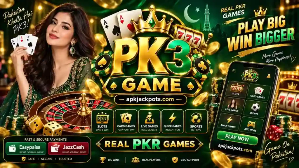 PK3 Game Pakistan banner with roulette slots JazzCash Easypaisa and live games