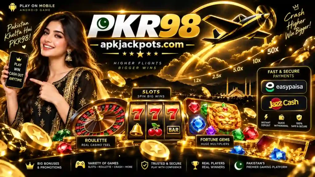 PKR 98 Game banner with Aviator, slots, roulette, Fortune Gems, JazzCash and Easypaisa