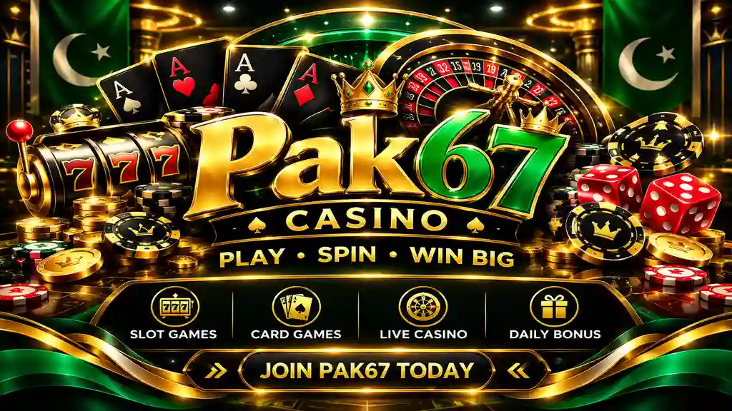 Pak67 Casino banner with cards roulette chips and casino games