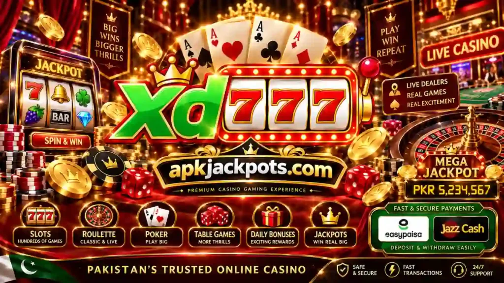 XD 777 Game banner with slots, roulette, live casino, Easypaisa and JazzCash in Pakistan
