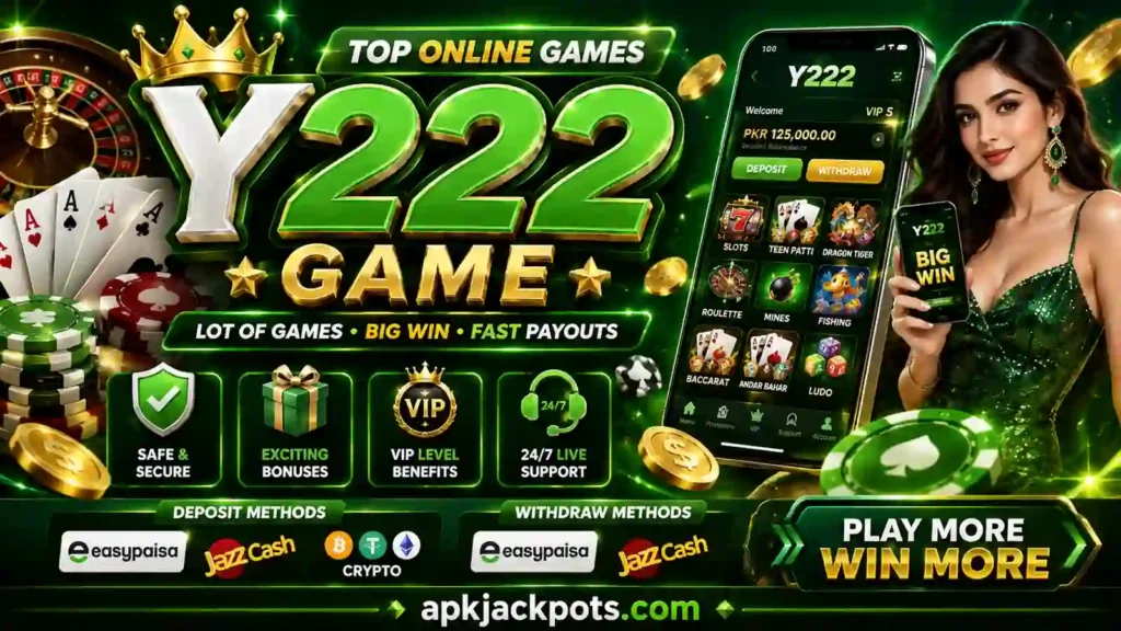 Y222 Game Pakistan banner with JazzCash, Easypaisa and crypto deposit options