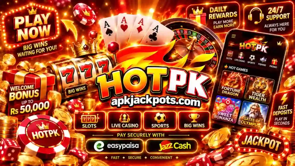 Hotpk Game APK banner with slots live casino sports JazzCash and Easypaisa