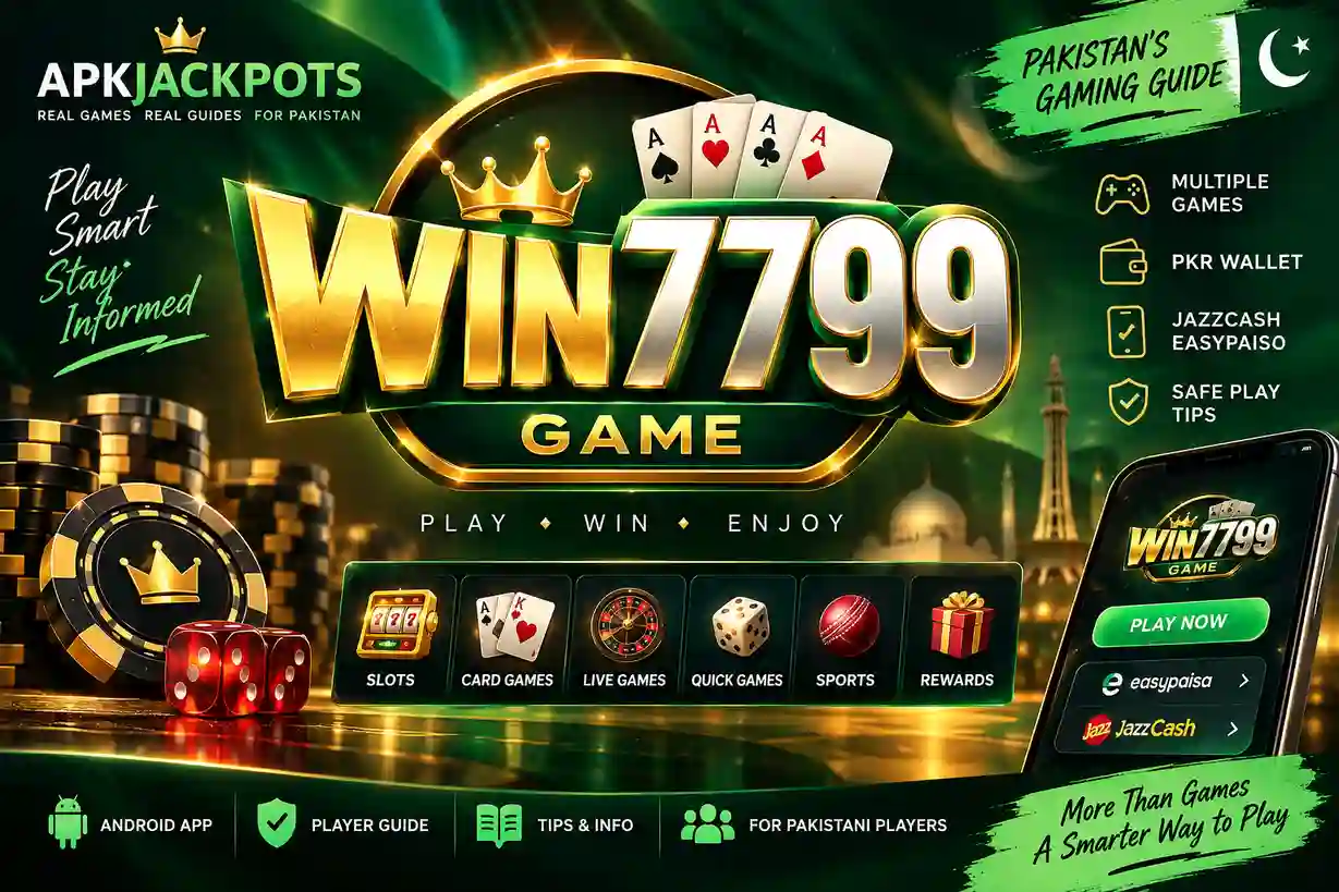 Win7799 Game banner with slots card games PKR wallet JazzCash and Easypaisa