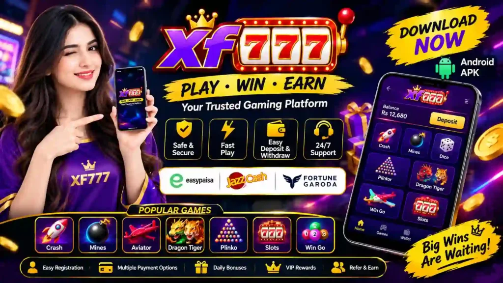 XF 777 Game APK banner with popular games and payment options