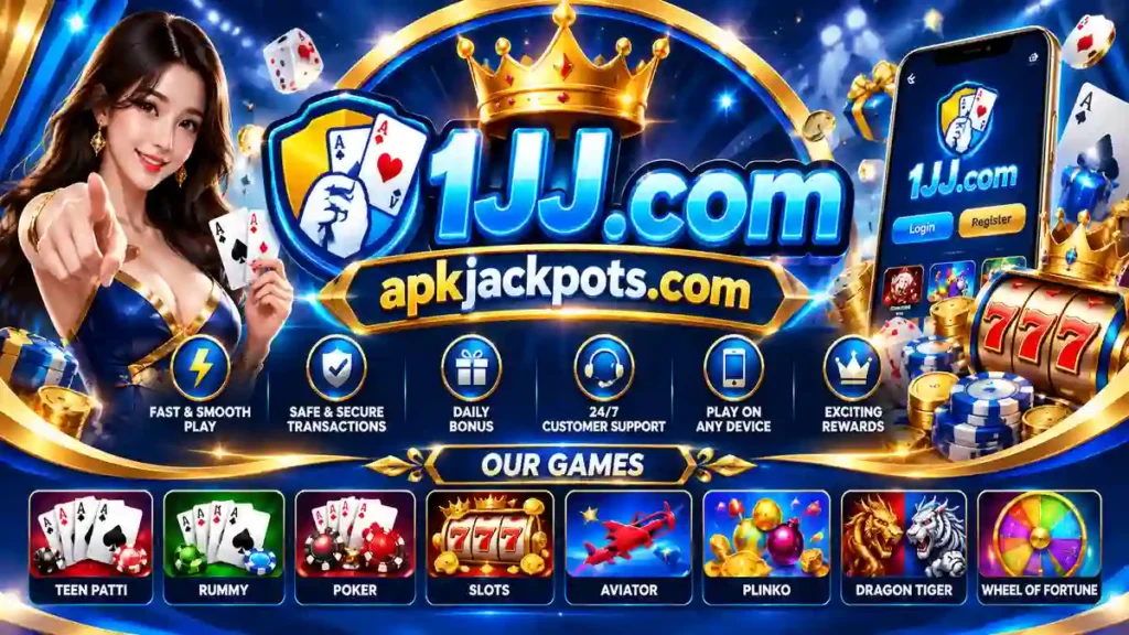 1JJ Game APK download banner with games and blue gold design