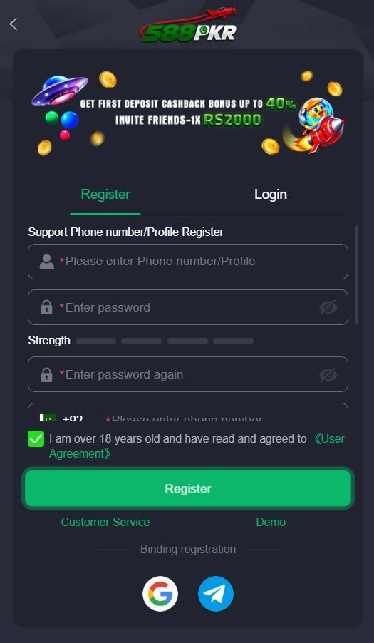 588 PKR game app registration screen with phone number and password fields