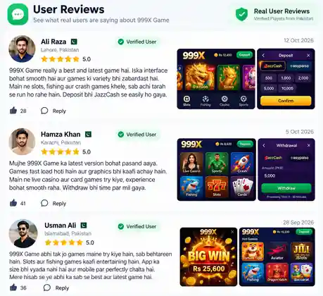Sample user reviews for 999X Game showing player feedback in a mobile-friendly layout.