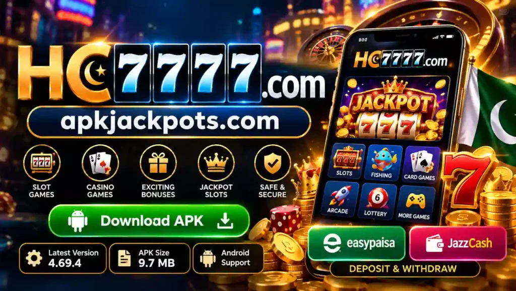 HC777 gaming banner with APKJackpots.com branding and mobile game graphics