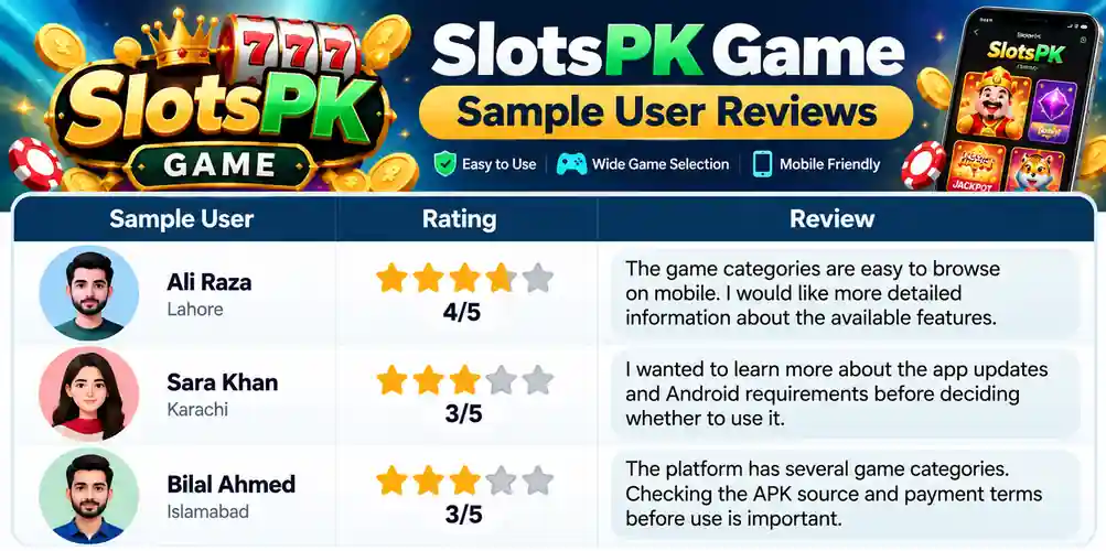 SlotsPK Game sample user reviews, ratings, and feedback